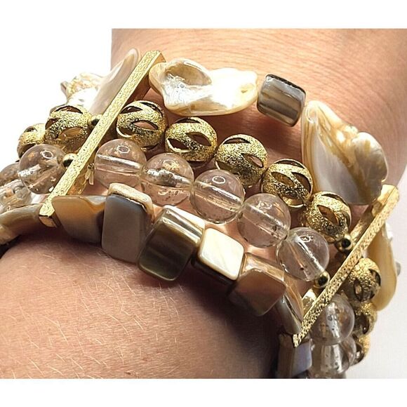 Bohemian Abalone Gold and Crystal Multilayer Beaded Bangle Bracelet 8.5in - Picture 2 of 4